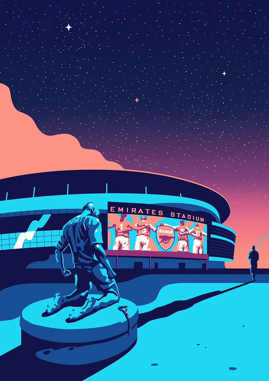 Stylized Illustration of the Emirates Stadium at Night with a Player Statue and Starry Sky HD phone wallpaper
