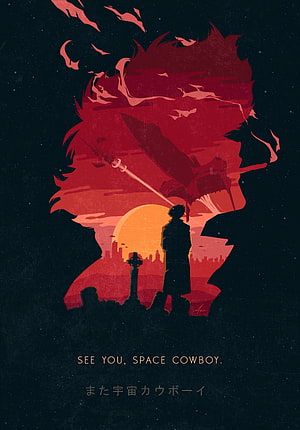 Cowboy Bebop Double Exposure Poster with Spike Spiegel Silhouette and Sunset Cityscape HD phone wallpaper