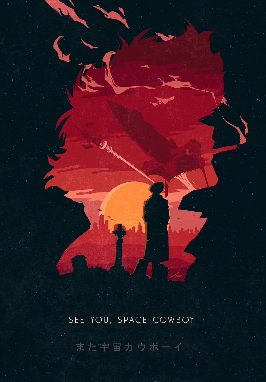 Cowboy Bebop Double Exposure Poster with Spike Spiegel Silhouette and Sunset Cityscape HD phone wallpaper