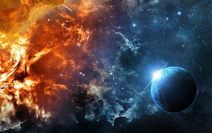 Vibrant Cosmic Nebula and Blue Planet in Deep Space HD wallpaper