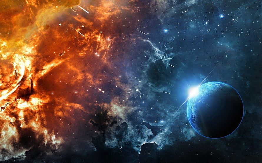 Vibrant Cosmic Nebula and Blue Planet in Deep Space HD wallpaper