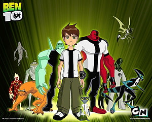 Ben 10 Animated Series Character Lineup with Alien Forms on Green Background HD wallpaper