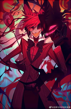 Alastor from Hazbin Hotel in a menacing red suit with a dark shadowy figure looming behind him HD phone wallpaper