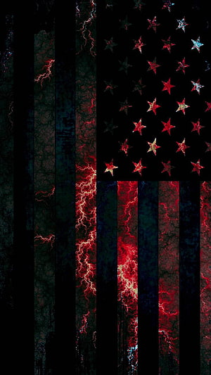 Dark American Flag with Red Lightning and Glowing Stars on Black Background HD phone wallpaper