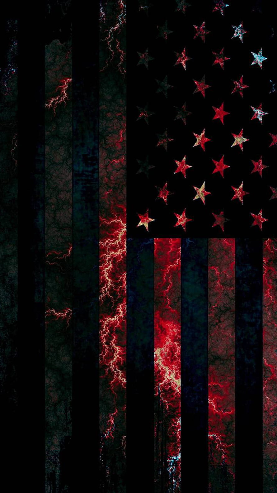 Dark American Flag with Red Lightning and Glowing Stars on Black Background HD phone wallpaper