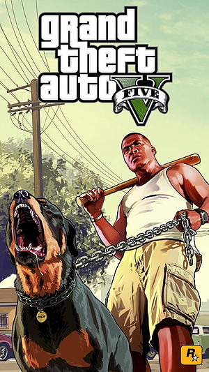 Grand Theft Auto V Cover Art Featuring Franklin and His Dog Chop in a Stylized Comic Illustration HD phone wallpaper
