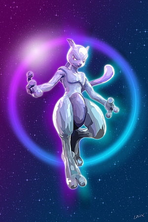 Mewtwo Floating in Cosmic Space with Neon Purple and Blue Energy Rings HD phone wallpaper
