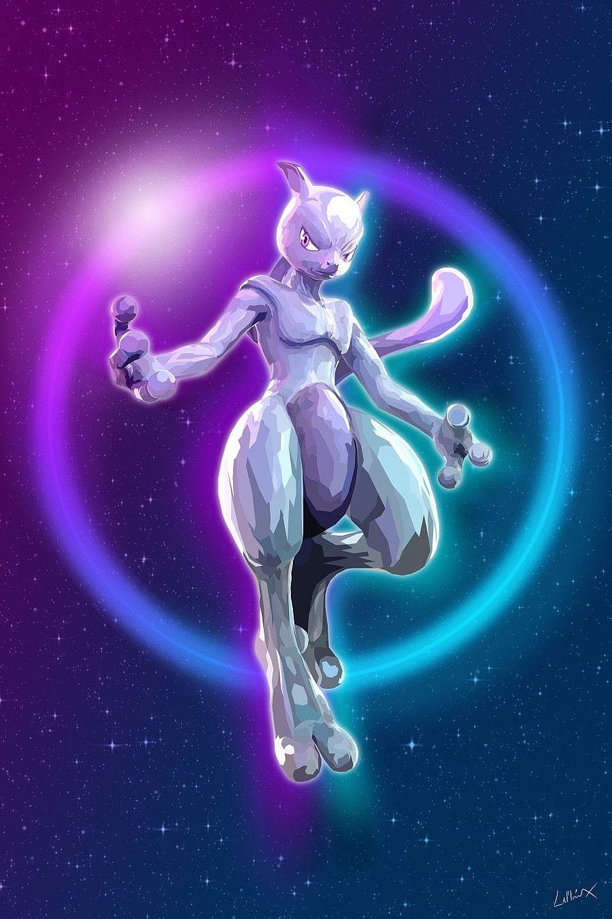 Mewtwo Floating in Cosmic Space with Neon Purple and Blue Energy Rings HD phone wallpaper
