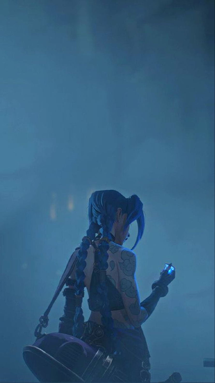 Jinx from Arcane in a moody blue mist holding a glowing device with braided hair and back tattoos HD phone wallpaper