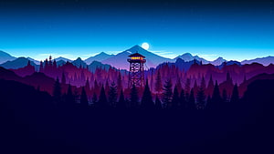 Illuminated Fire Watchtower in a Twilight Pine Forest with Distant Mountains and a Full Moon HD wallpaper