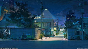 Serene Japanese Neighborhood at Night with Street Lamp and Scooter HD wallpaper