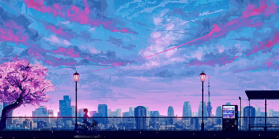 Anime Cityscape at Dusk with Cherry Blossoms and Tokyo Tower Silhouette HD wallpaper
