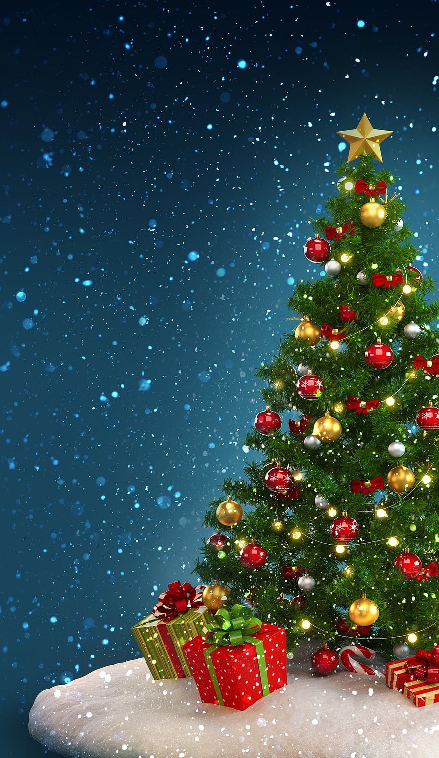 Festive Christmas Tree With Ornaments And Gifts Under Snowy Night Sky HD phone wallpaper