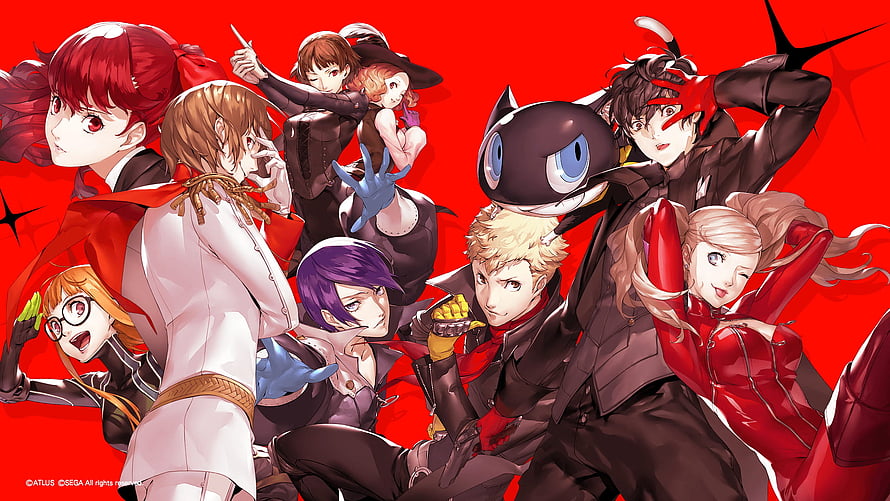 Persona 5 Royal Cast Group Artwork on Vibrant Red Background HD wallpaper