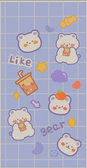 Cute Kawaii Bear Sticker Sheet with Bubble Tea and Pastel Grid Background HD phone wallpaper