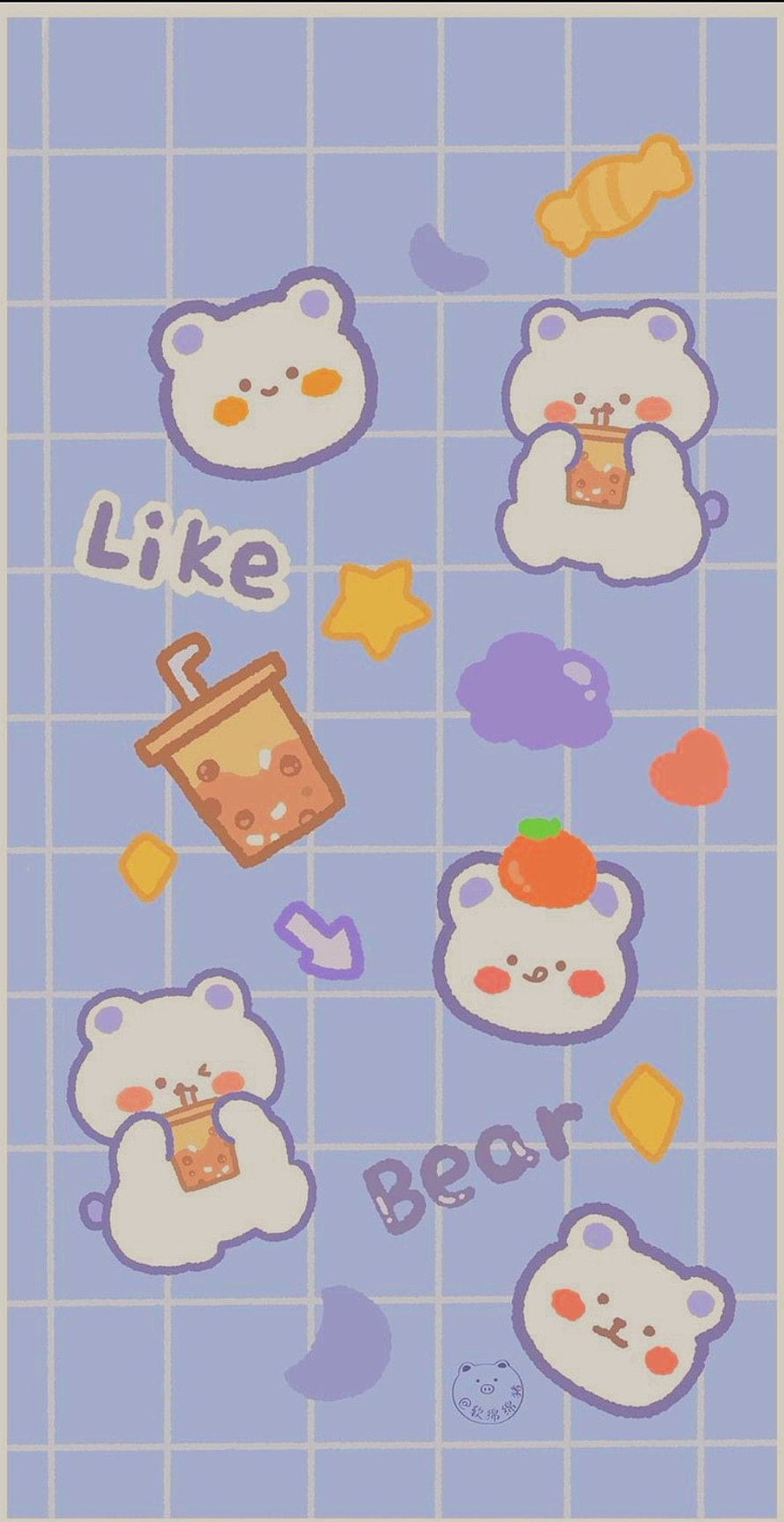 Cute Kawaii Bear Sticker Sheet with Bubble Tea and Pastel Grid Background HD phone wallpaper