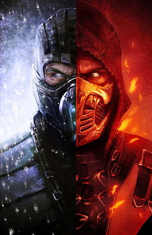 Mortal Kombat Scorpion Dual Nature Ice and Fire Character Art HD phone wallpaper