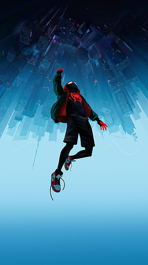 Miles Morales Leaping Over a Futuristic City in Spider-Man Into the Spider-Verse Style, spider man into the spider verse HD phone wallpaper