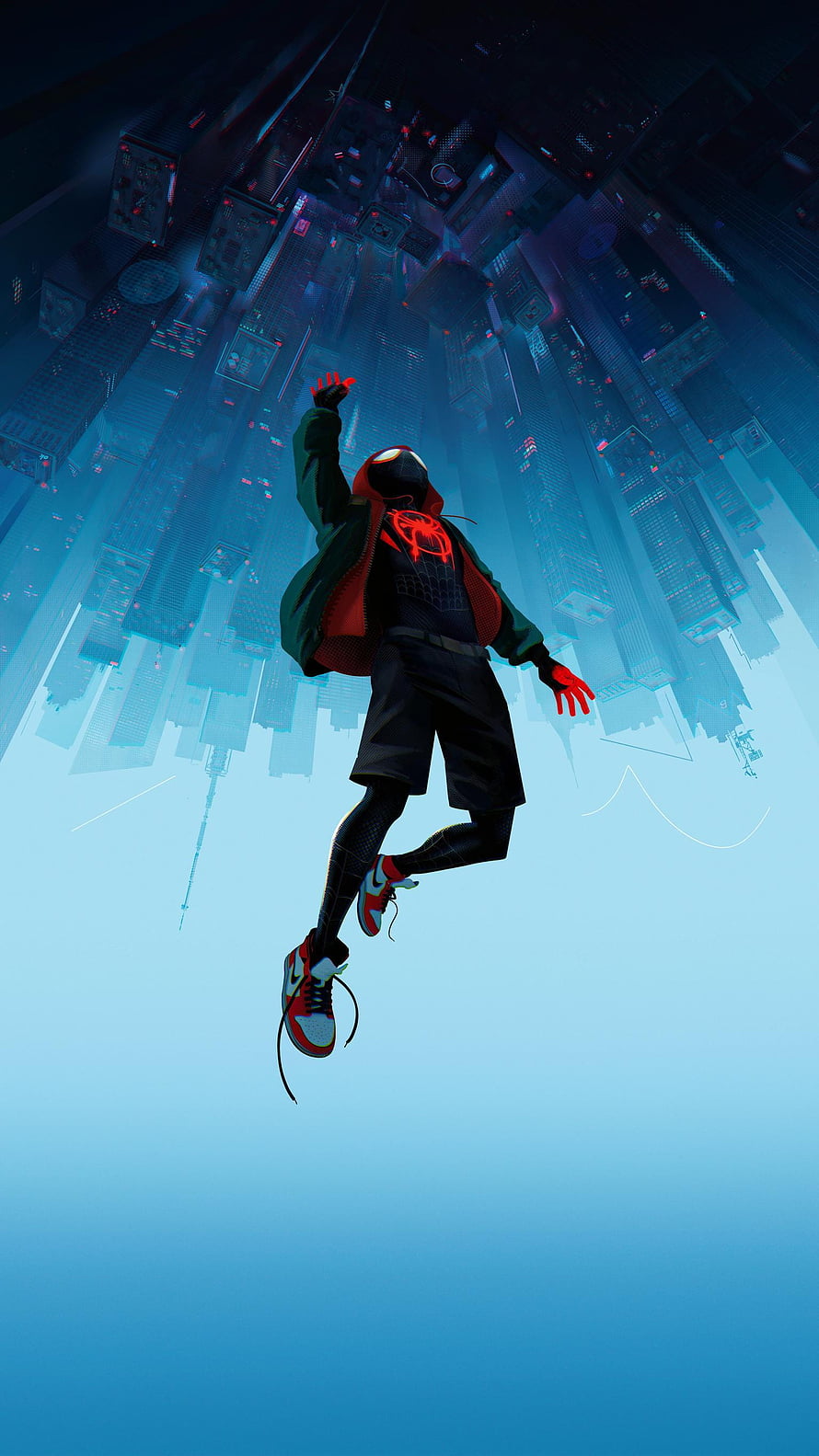 Miles Morales Leaping Over a Futuristic City in Spider-Man Into the Spider-Verse Style HD phone wallpaper