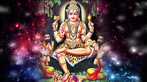 Sri Dakshinamurthy Deity Artwork with Cosmic Nebula Background and Devotees HD wallpaper