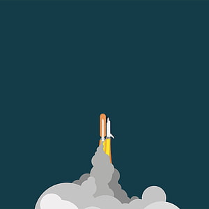 Minimalist Space Shuttle Launch Illustration with Billowing Smoke Against Dark Sky HD phone wallpaper