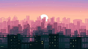 Pixel Art Cityscape at Sunset with Retro Aesthetic and Layered Skyline HD wallpaper