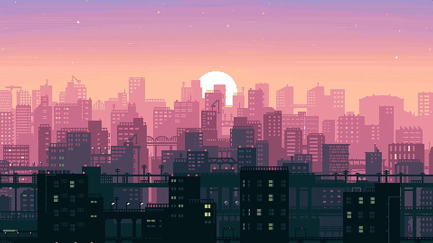 Pixel Art Cityscape at Sunset with Retro Aesthetic and Layered Skyline HD wallpaper