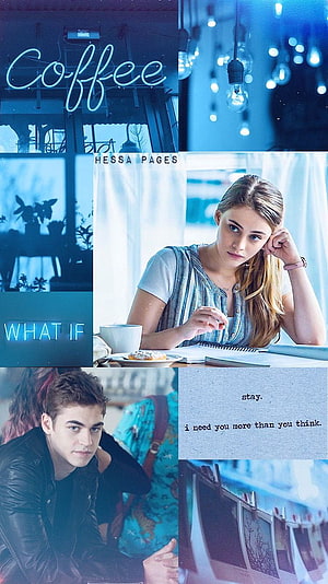 Hardin and Tessa from After: A Moody Blue Toned Collage with Neon Coffee Sign and Emotional Quotes HD phone wallpaper