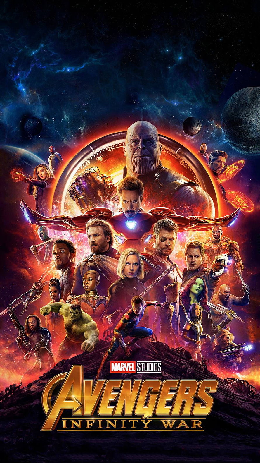 Avengers Infinity War Movie Poster Featuring Thanos and the Full Hero Roster in Space HD phone wallpaper