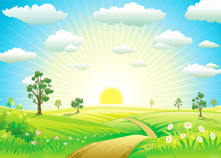 Sunny Countryside Landscape with Rolling Green Hills, Winding Path, and Bright Blue Sky HD wallpaper