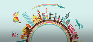 Colorful Flat Vector Illustration of World Landmarks and Travel Icons on a Rainbow Arch HD wallpaper