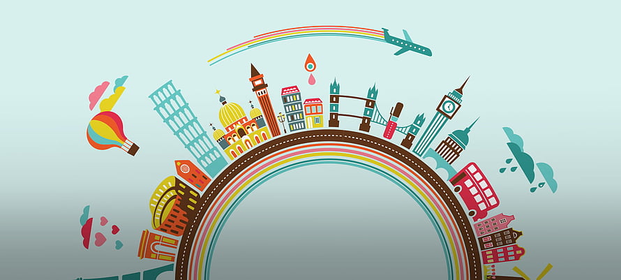 Colorful Flat Vector Illustration of World Landmarks and Travel Icons on a Rainbow Arch HD wallpaper