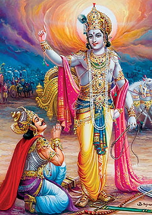 Lord Krishna and Arjuna on the Battlefield of Kurukshetra in Traditional Indian Art HD phone wallpaper