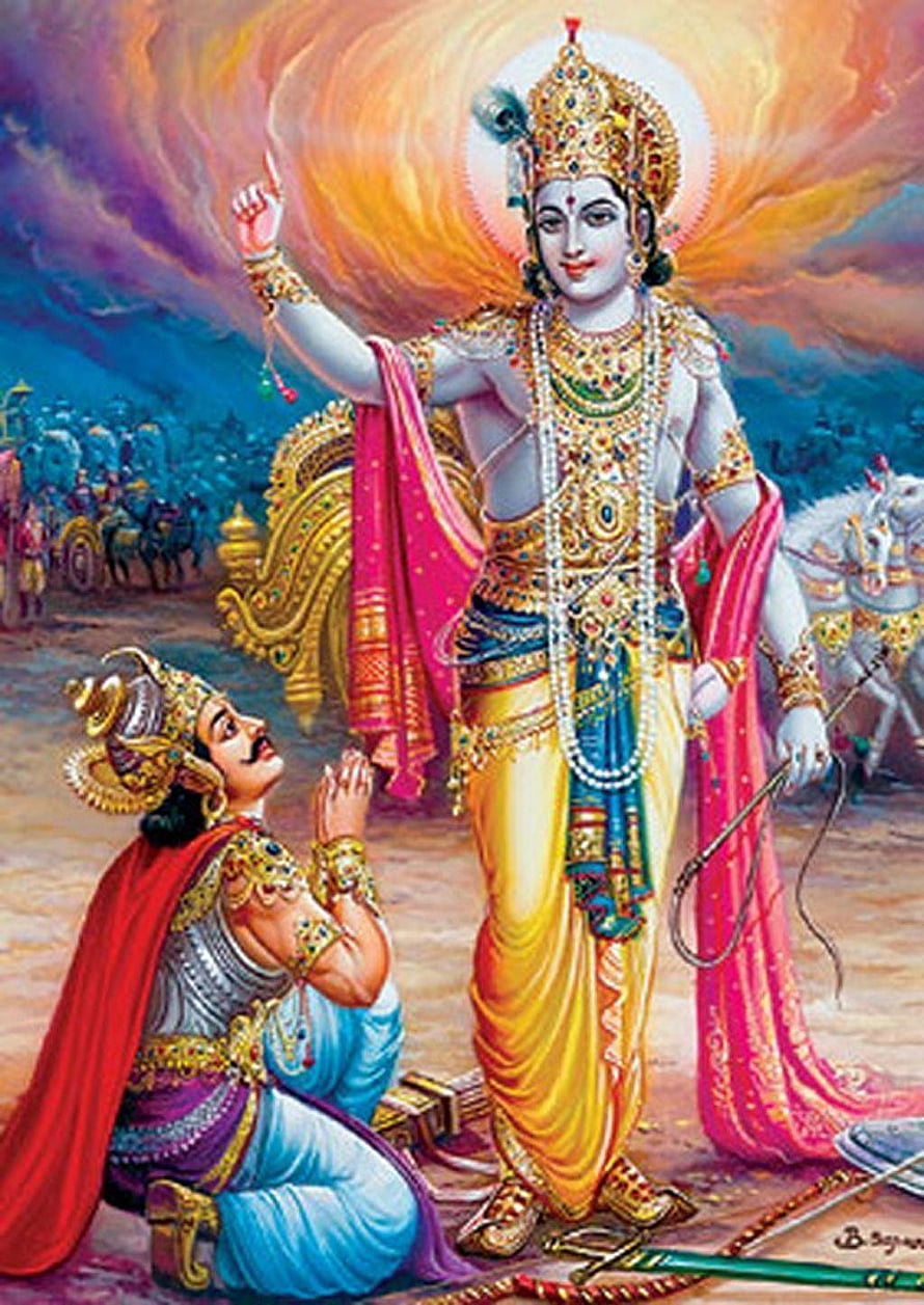 Lord Krishna and Arjuna on the Battlefield of Kurukshetra in Traditional Indian Art HD phone wallpaper