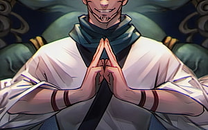 Sukuna Jujutsu Kaisen Anime Character in Prayer Pose with White Robe HD wallpaper