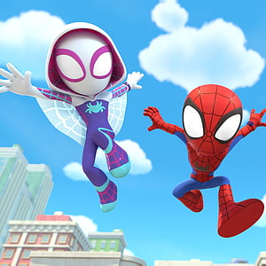 Spidey and His Amazing Friends 3D Animation with Spider-Gwen Flying Over City Skyline HD phone wallpaper