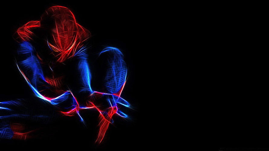Neon Wireframe Spider-Man Crouching in Red and Blue Light on Black Background HD wallpaper