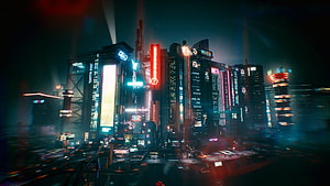 Cyberpunk 2077 Night City skyline with neon signs and futuristic skyscrapers HD wallpaper