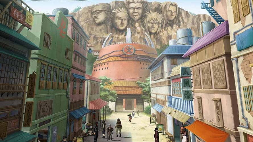 Naruto Hidden Leaf Village Street Scene with Hokage Monument and Fire Symbol Tower HD wallpaper