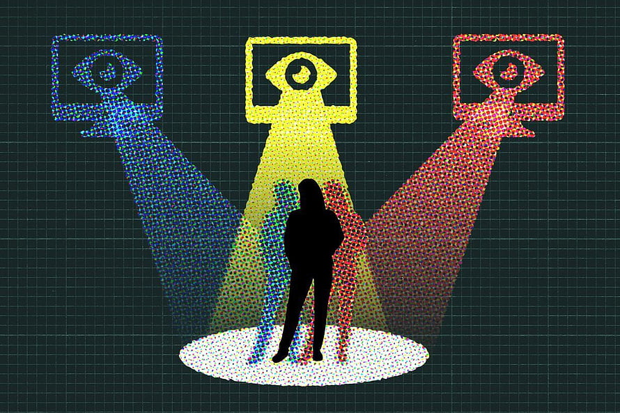 Silhouette Under Three Surveillance Cameras With RGB Dot-Matrix Light Beams HD wallpaper