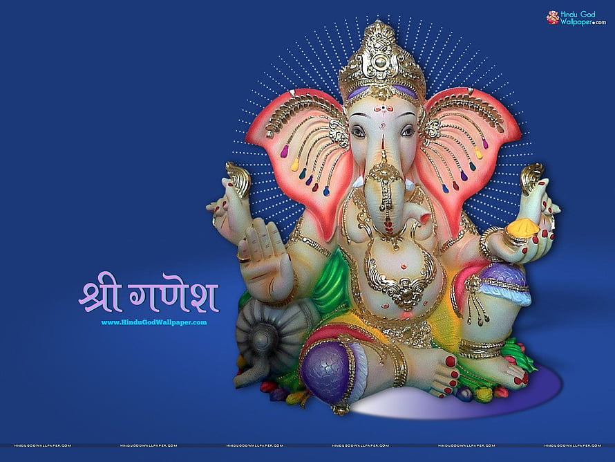 Ornate 3D Ganesha Statue with Golden Crown and Radiant Halo on Deep Blue Background HD wallpaper