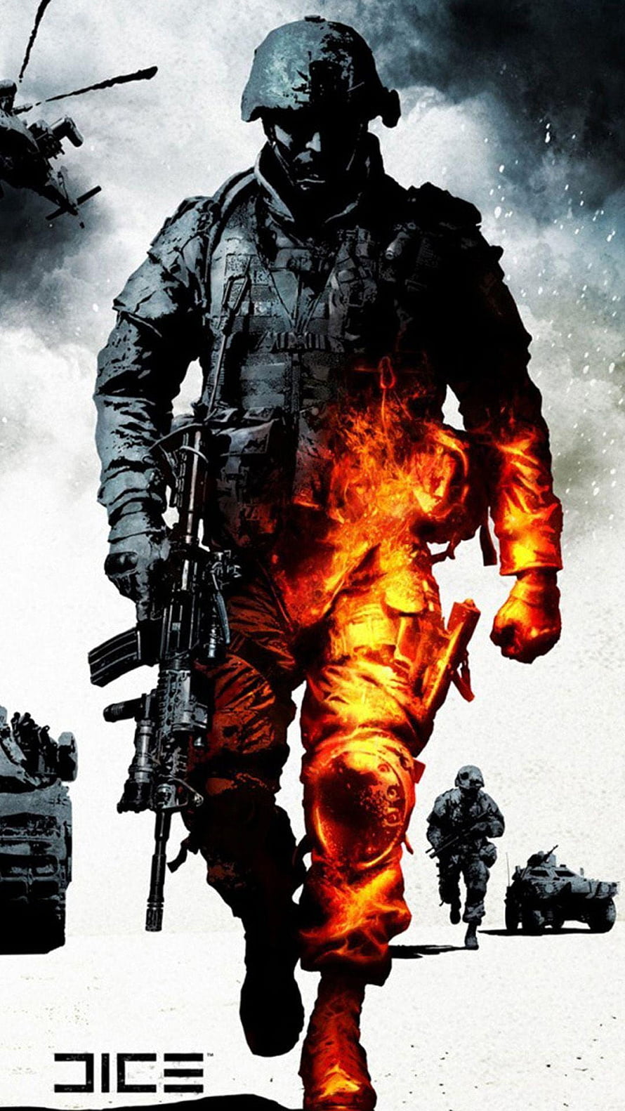 Burning Soldier Walking Through Fire with Assault Rifle and Military Vehicles HD phone wallpaper