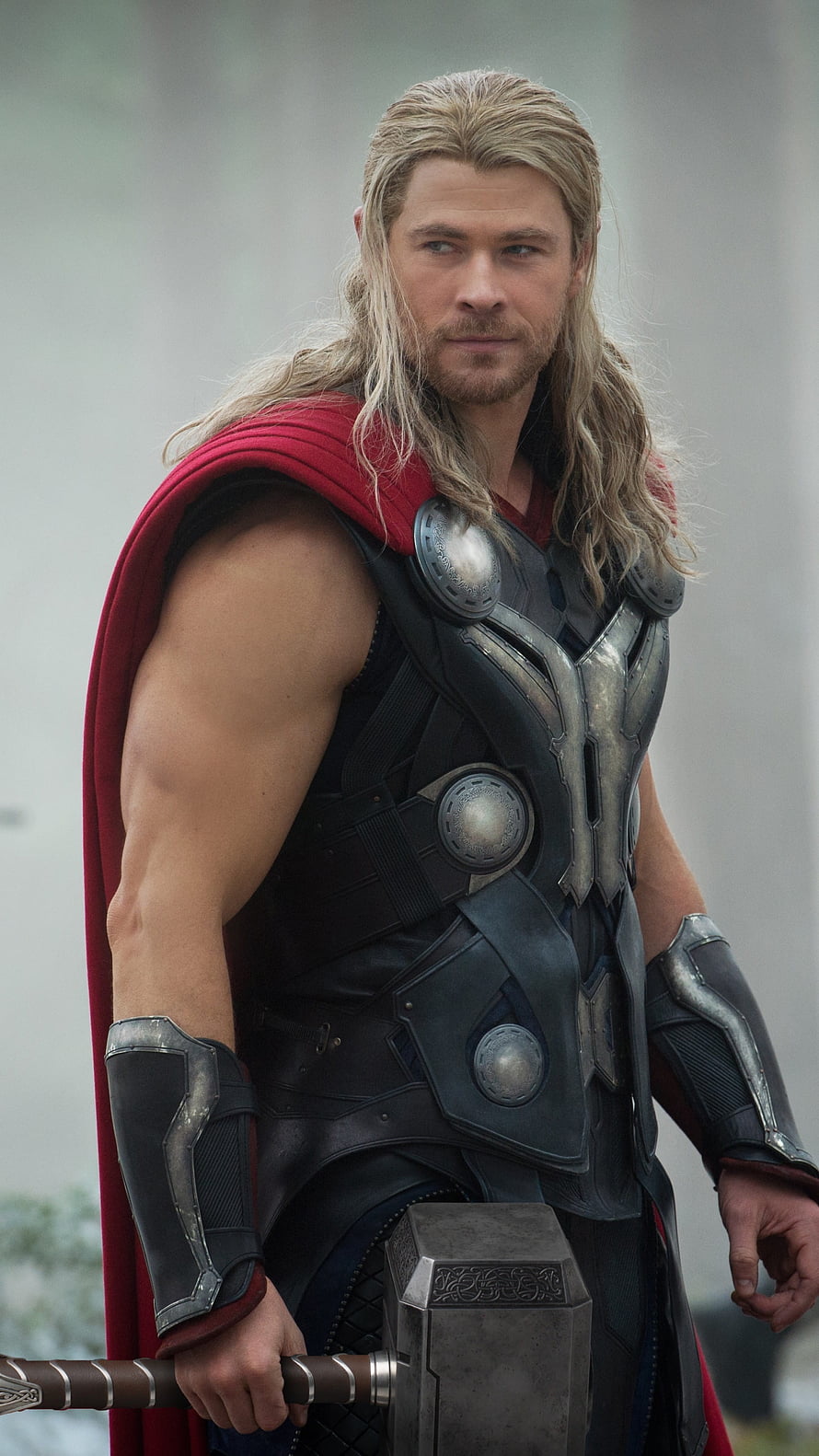 Thor in Asgardian Armor Holding Mjolnir with Red Cape and Long Blonde Hair HD phone wallpaper