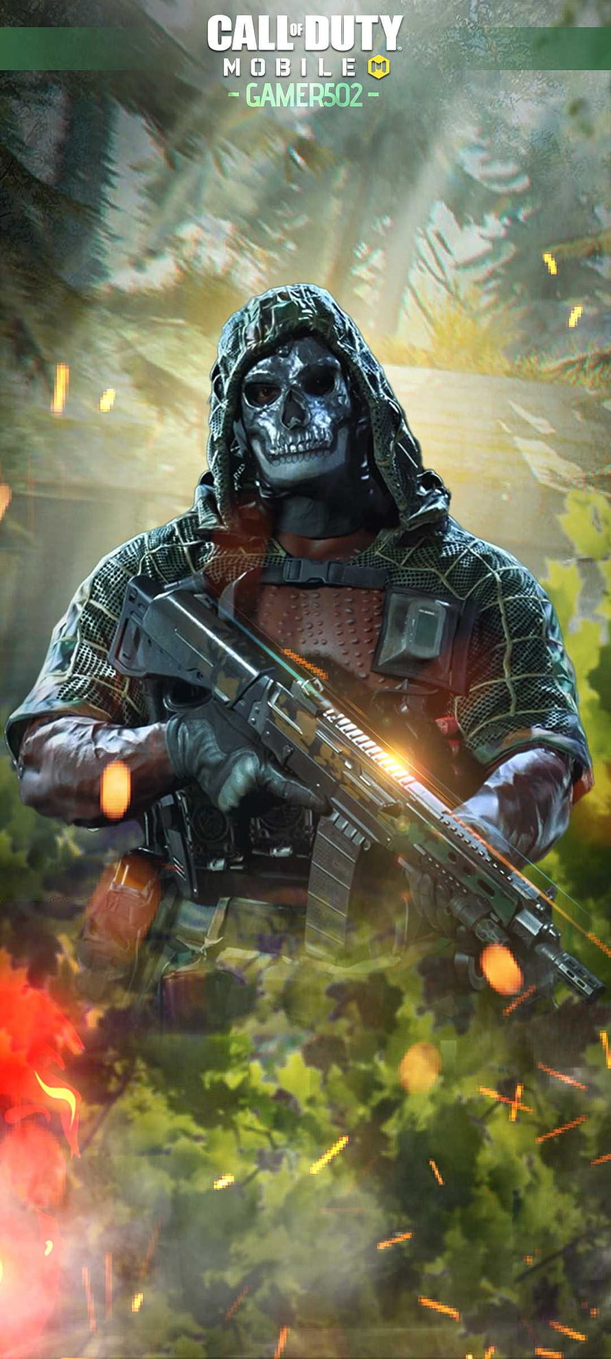 Call of Duty Mobile Skull Soldier in Camouflage Hood Holding Assault Rifle Amidst Battlefield Sparks HD phone wallpaper