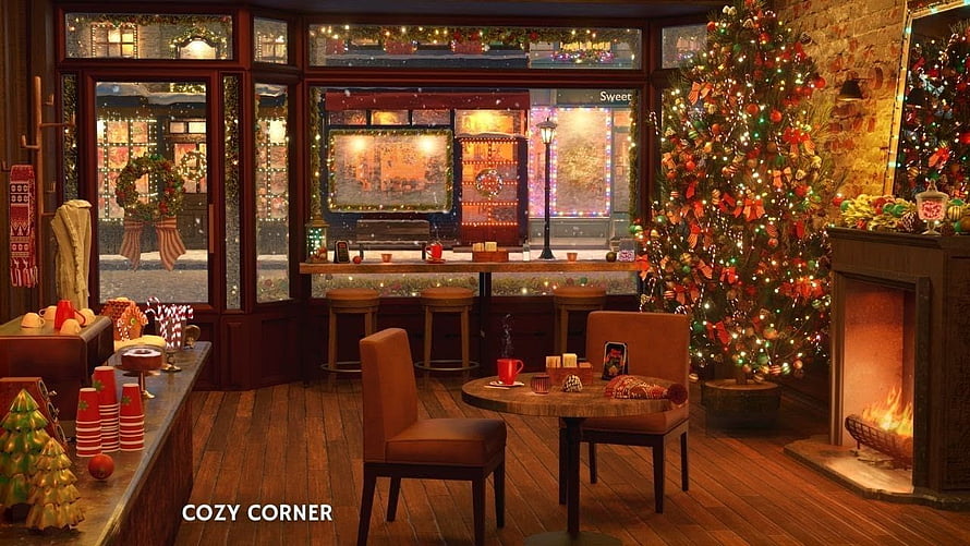 Warm Christmas Coffee Shop Interior with Decorated Tree and Fireplace HD wallpaper
