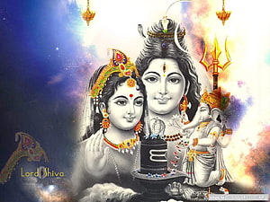 Lord Shiva and Parvati with Ganesha and Lingam in Divine Cosmic Setting HD wallpaper
