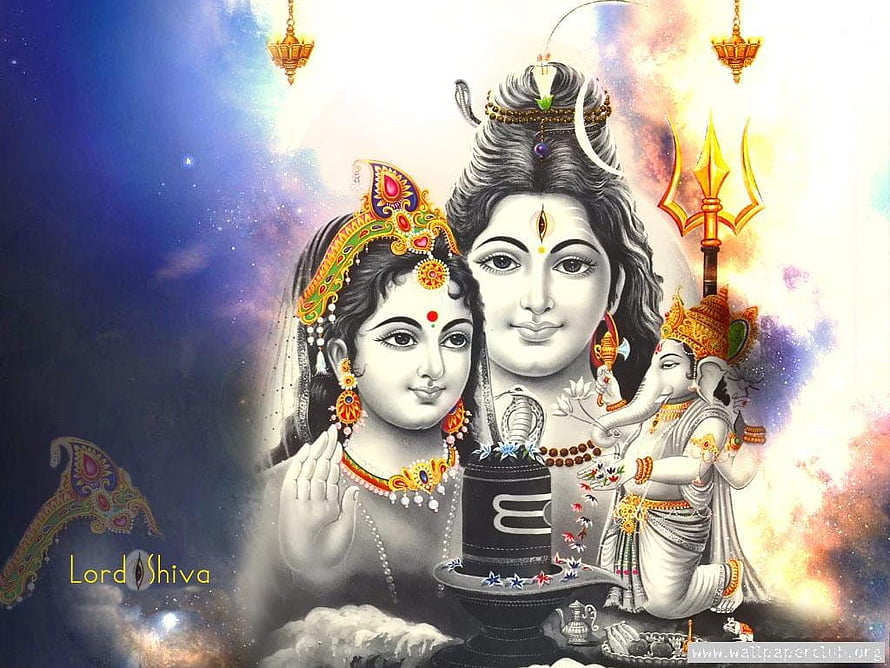 Lord Shiva and Parvati with Ganesha and Lingam in Divine Cosmic Setting HD wallpaper