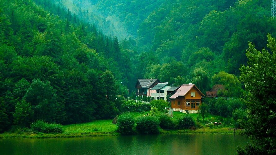 Serene Lakeside Cottages Nestled in Lush Green Forest Hills HD wallpaper