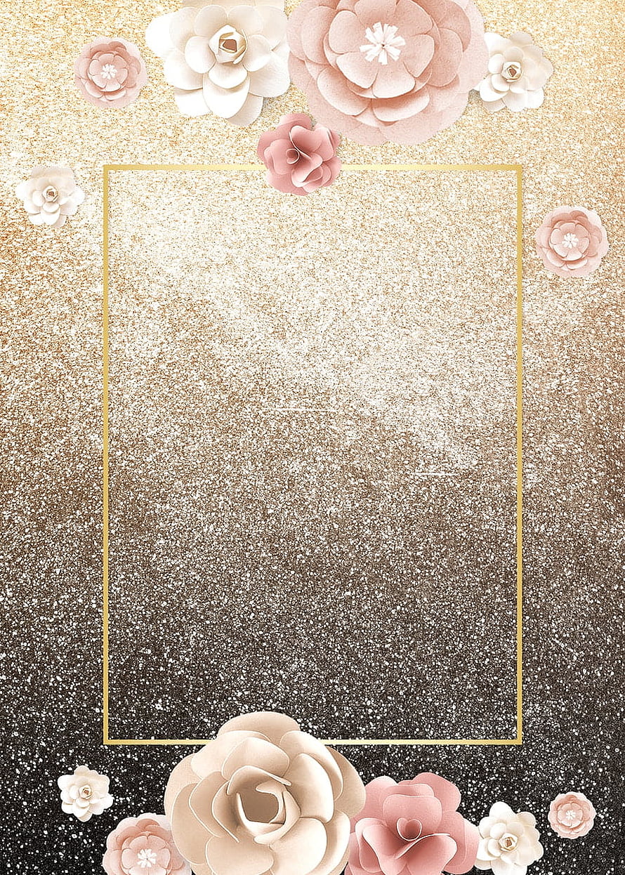 Elegant Gold Glitter Wedding Invitation Frame with Blush Paper Flowers HD phone wallpaper