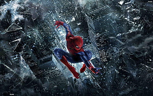 Spider-Man Leaping Through Shattered Glass Over a Dark Cityscape HD wallpaper